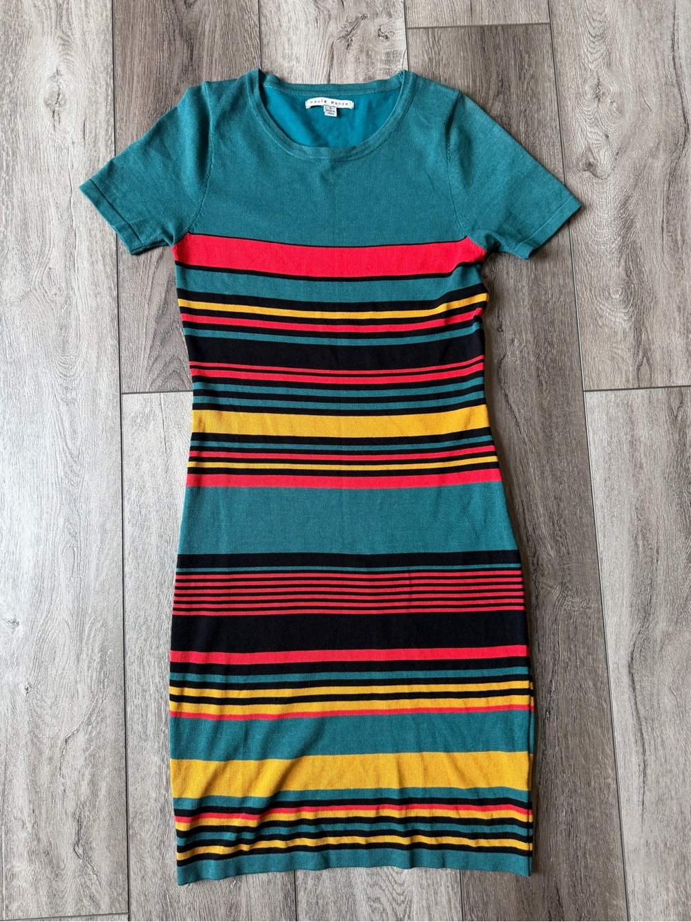 Haute Monde Teal Striped Mini Dress with Red, Yellow & Black Accents